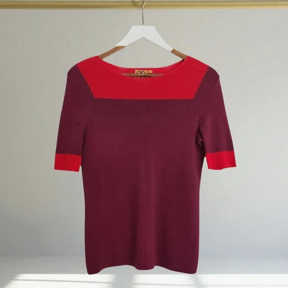 Tory Burch Wool Blend Boatneck Sweater Womens Size Small Colorblock Red Purple